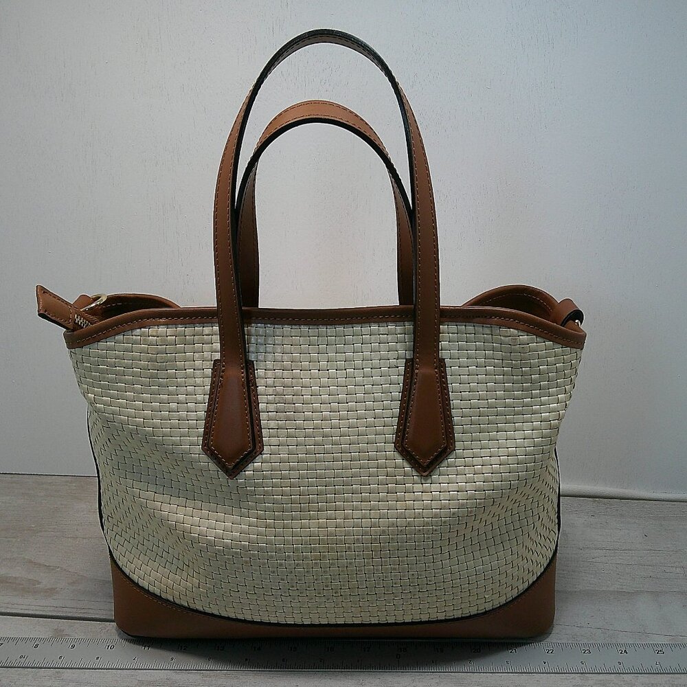 Cream Woven Shoulder Tote with Brown Leather Trim
